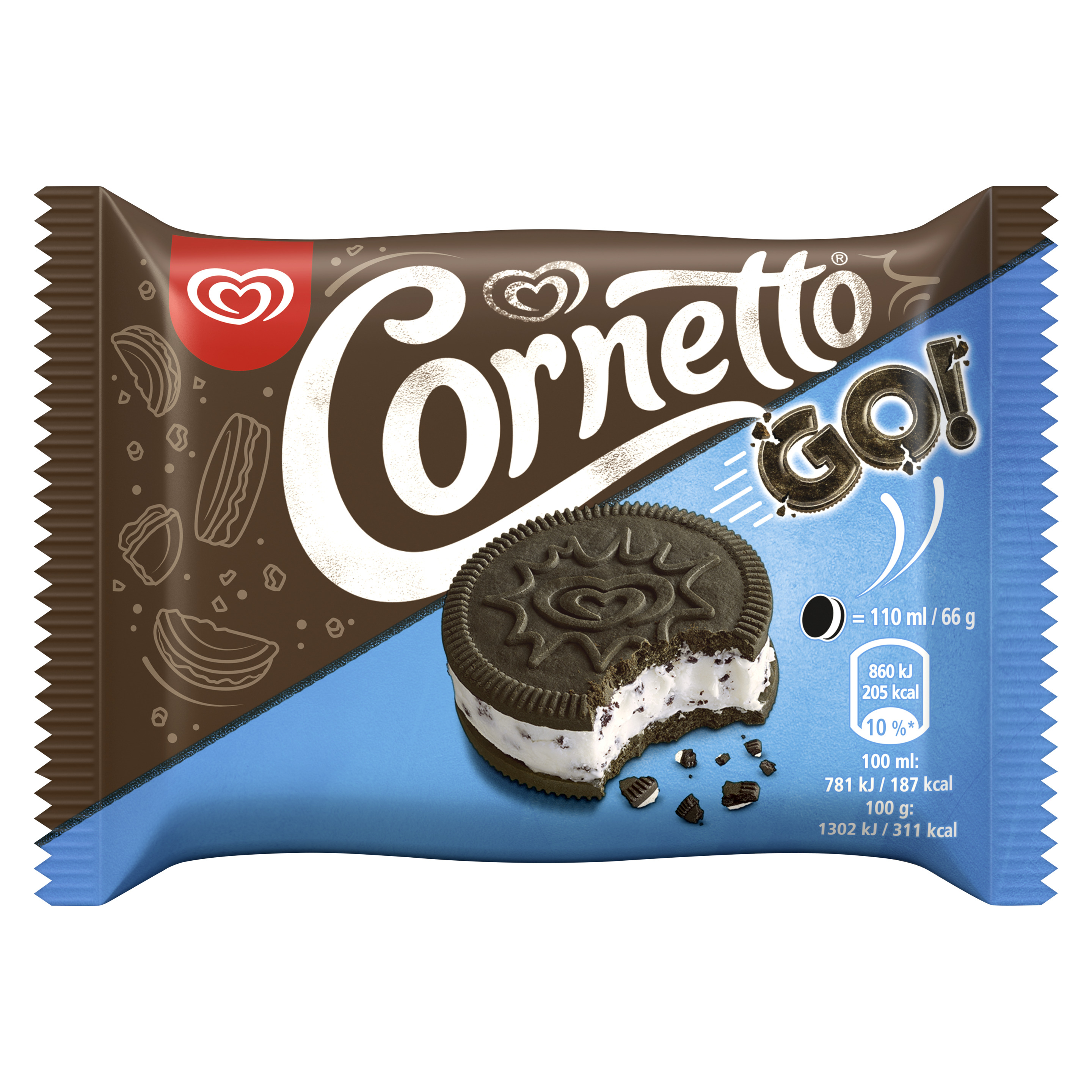 Cornetto Eis Sandwich Go Eiscreme mit Vanillegeschmack und Kakaokeks-Krümeln zwischen zwei soften Kakao-Keksen 110 ml